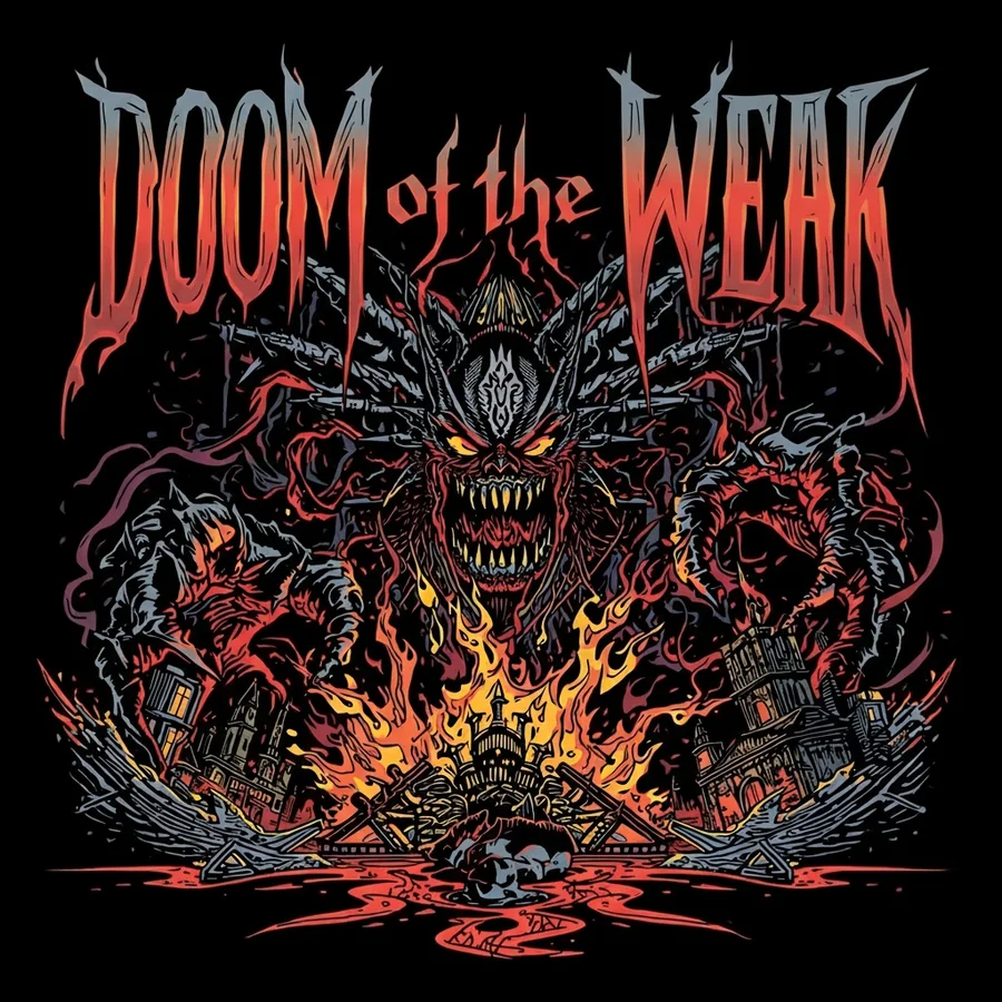 Doom of the Weak t-shirt artwork: a horned demon over a burning city in red and grey