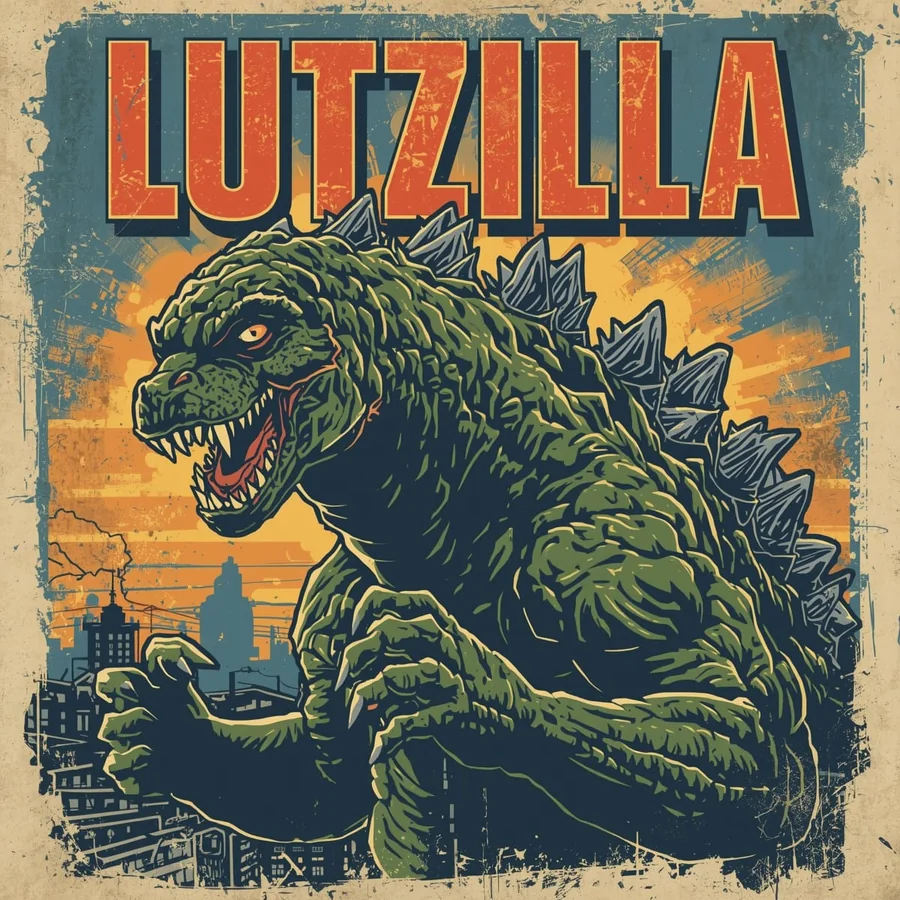 Lutzilla t-shirt artwork: a retro poster of a kaiju over a city skyline