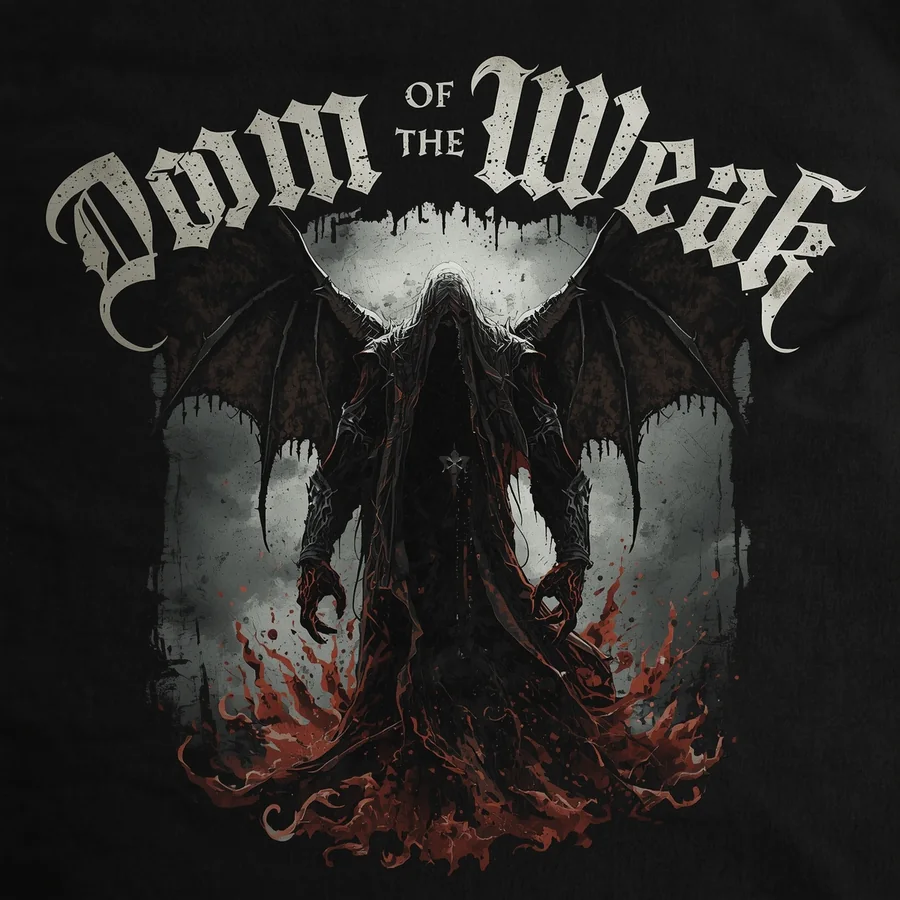 Doom of the Weak gothic artwork: a winged figure under a full moon in grey and black
