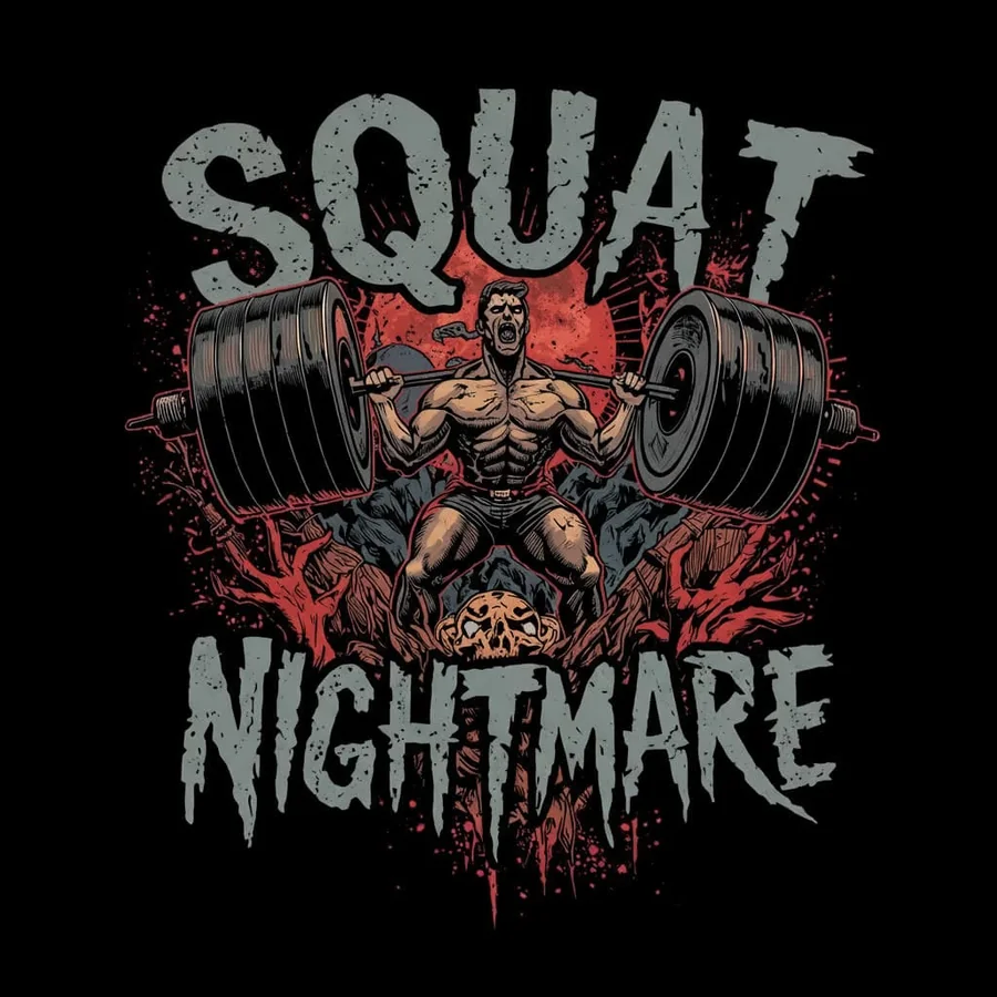 Squat Nightmare t-shirt artwork: a lifter squatting a loaded bar over a skull