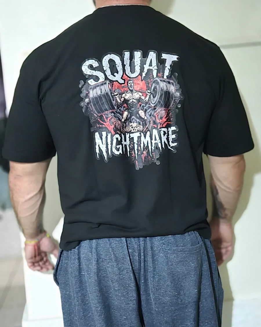 Douglas Lutz wearing the black Squat Nightmare t-shirt, back print